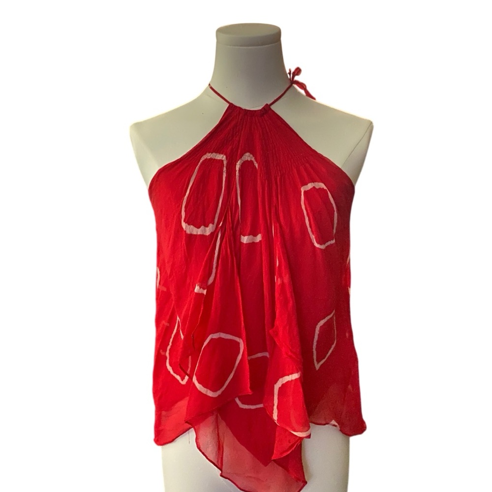 BCBGMaxAzria Vintage Silk Red Halter Top with White Geometric Design